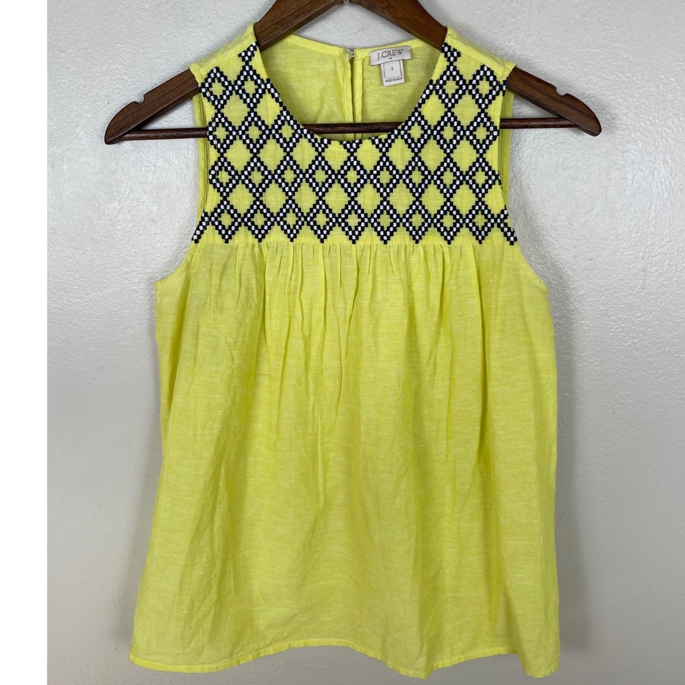 J.Crew Women's‎ 2 Tank Top Yellow Embroidered Boho Cotton Linen G7518